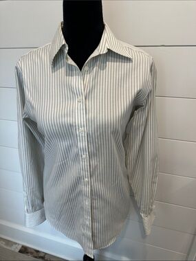 Brooks Brothers Women’s Vertical Stripe Button-Up Shirt in White and Green